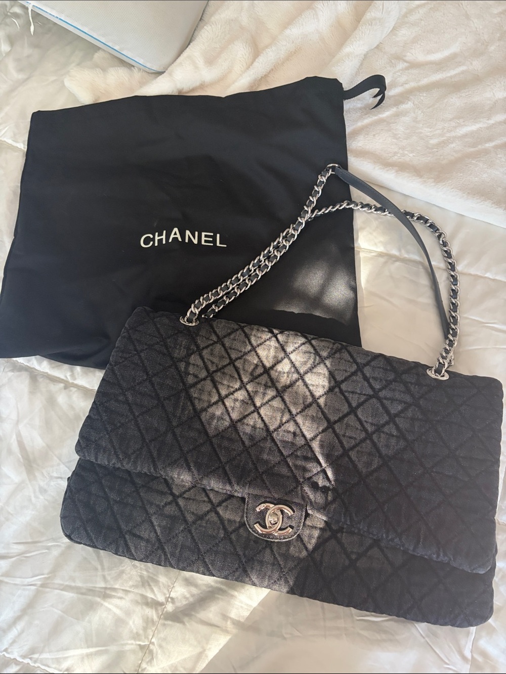 Black denim Shoulder Bag with Silver Chain Strap